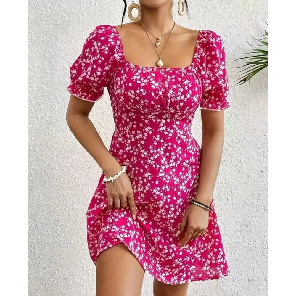 Floral A Line Dress Pink Square Neck Size 6